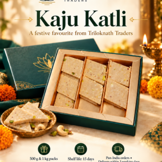 Triloknath Kaju Katli promotional artwork with festive gift packaging