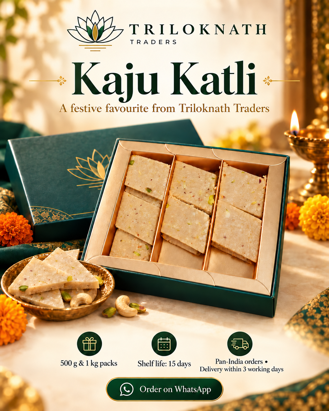 Triloknath Kaju Katli festive gift presentation